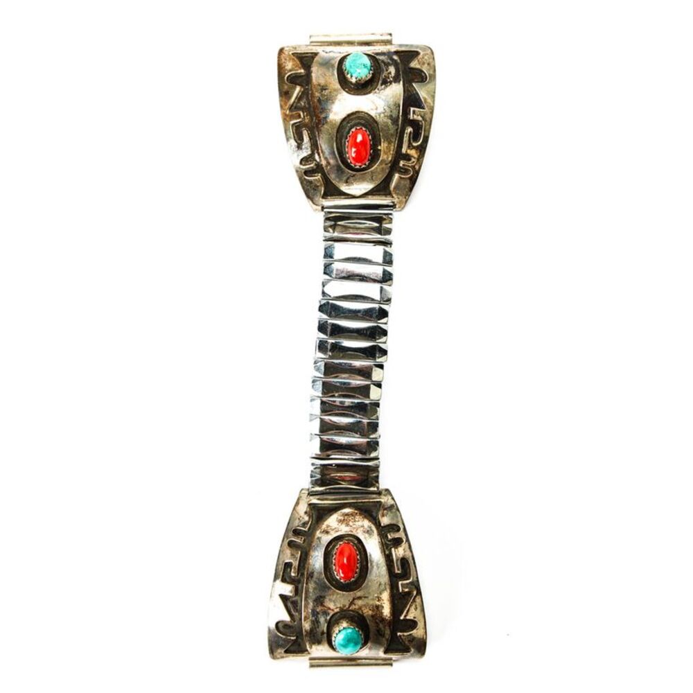 Designer Unisex 925 Silver + S Steel Turquoise + Coral Southwest Watch Band 6" - Picture 6 of 9